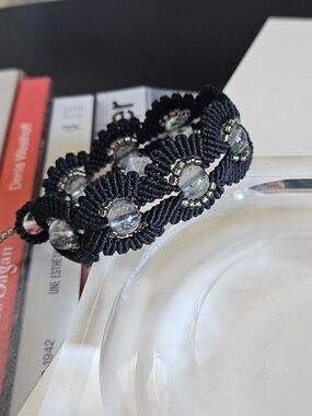 Handmade Black Macramé Bracelet with Natural Aquamarine Beads